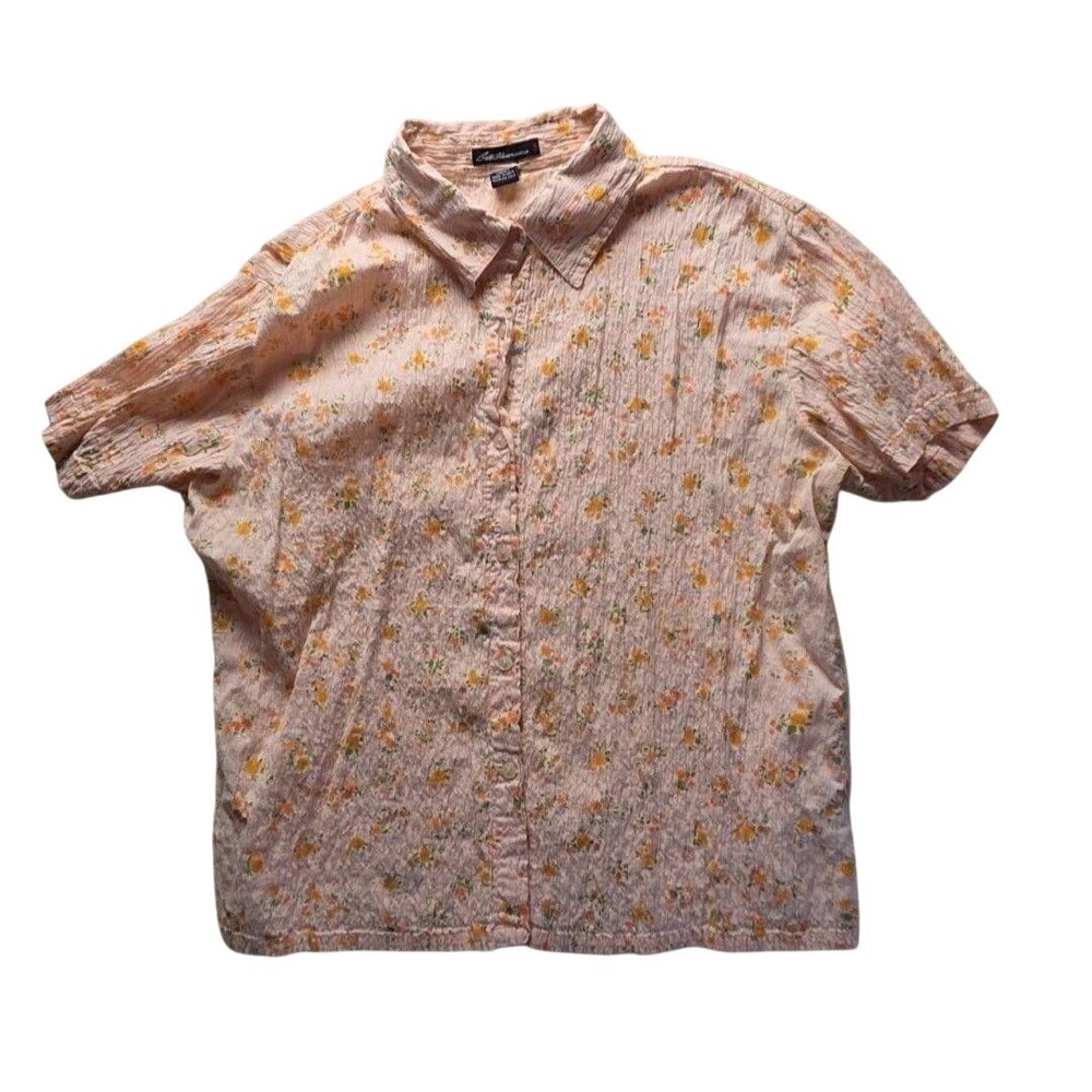 Bill Blass Jeanswear Peach Floral Seersucker Button Down Shirt Womens Large